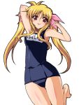  blight_sphere blonde_hair fate_testarossa mahou_shoujo_lyrical_nanoha one-piece_swimsuit red_eyes school_swimsuit swimsuit tsukishiro_kou twintails 