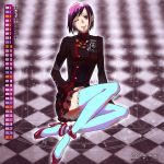  1girl anklet blue_legwear blue_thighhighs calendar checkered checkered_background closed_mouth copyright_name d.gray-man earrings female full_body hand_on_lap high_heels hoshino_katsura jewelry lenalee_lee long_sleeves official_art one_eye_closed purple_hair red_footwear red_shoes shoes short_hair sitting smile solo thigh-highs thighhighs uniform violet_eyes wink zettai_ryouiki 