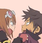  1girl angry black_hair brown_hair gloves goggles goggles_on_head green_eyes pink_background raven rita_mordio shirt_grab short_hair tales_of_(series) tales_of_vesperia 