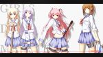  ahoge an_(angular-angler) angel_beats! bad_id bass_guitar blonde_hair blue_eyes brown_hair choker cross demon_tail drum fang guitar highres hisako hisako_(angel_beats!) instrument irie irie_(angel_beats!) long_hair multiple_girls orange_eyes pink_eyes pink_hair ponytail purple_eyes purple_hair school_uniform sekine serafuku short_twintails skirt sleeves_rolled_up smile tail thigh_strap twintails yui_(angel_beats!) 