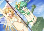  2girls :d ^_^ arm_up bazooka bikini blonde_hair blue_eyes bow closed_eyes daiyousei flag front-tie_top green_bikini green_hair hair_bow hat lily_white long_hair moss_(sphere211) multiple_girls navel open_mouth side-tie_bikini side_ponytail smile swimsuit touhou very_long_hair water weapon white_bikini white_swimsuit wings 