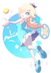  1girl aqua_dress aqua_eyes ball blonde_hair blue_sky crown dress earrings from_behind hair_over_one_eye jewelry looking_back mario_tennis nail_polish omochi_(glassheart_0u0) pantyhose racket rosalina shoes sky sleeveless sleeveless_dress sneakers solo star star_earrings tennis_ball tennis_racket white_legwear 