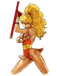  bare_legs big_hair blonde_hair capcom capcom_vs_snk capcom_vs_snk_2 fighting_stance final_fight fingerless_gloves genryuusai_maki gloves highres leotard ninja nishimura_kinu official_art ponytail solo street_fighter tan tonfa weapon 