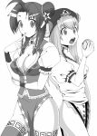  bad_id black_and_white braid china_dress chinese_clothes cleavage food fruit hat hinanawi_tenshi holding holding_fruit hong_meiling large_breasts long_hair monochrome multiple_girls peach ranchuu thigh-highs thighhighs touhou twin_braids 