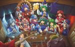  ascot bat_wings beer black_wings blue_eyes bow chopsticks drinking eating everyone fan fang flower food food_stand gensou_yakyoku_(style) green_eyes green_hair grill hair_bobbles hair_ornament hand_on_head hat horns houraisan_kaguya ibuki_suika kazami_yuuka konngara koto_tsubane long_hair mima multiple_girls mystia_lorelei okazaki_yumemi parody plaid_vest red_eyes red_hair remilia_scarlet saigyouji_yuyuko sariel sashimi shikieiki_yamaxanadu shimenawa shinki short_hair smile style_parody sunflower toast_(gesture) tofu touhou touhou_(pc-98) translated wings wink wizard_hat yagokoro_eirin yakitori yasaka_kanako yatai yukkuri_shiteitte_ne 