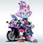  1girl animal_ears artist_name blaze_the_cat body_fur bodysuit boots cat_ears cat_girl cat_tail commission english_commentary forehead_jewel furry furry_female gloves gradient gradient_background ground_vehicle looking_at_viewer motor_vehicle motorcycle pink_footwear purple_bodysuit purple_fur satierf shadow solo sonic_(series) tail white_gloves yellow_eyes 