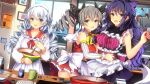  3girls :d apron baking bangs bare_shoulders benghuai_xueyuan black_bow blue_eyes blue_sky bow bowl bowtie braid bronya_zaychik chocolate dress drill_hair frilled_apron frilled_dress frills gloves grey_eyes grey_hair hair_bow highres holding holding_bowl honkai_(series) honkai_impact_3rd indoors kiana_kaslana kitchen long_hair long_sleeves looking_at_viewer multiple_girls official_art open_mouth ponytail purple_bow purple_dress purple_hair raiden_mei red_dress sky sleeveless sleeveless_dress smile third-party_source twin_braids twin_drills violet_eyes white_apron white_dress white_gloves window yellow_bow yellow_bowtie 