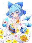  1girl blue_hair blush bow cirno floral_print food ice japanese_clothes kimono obi rururiaru sash shaved_ice short_hair solo touhou wide_sleeves wings 