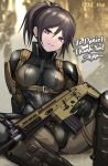  1girl assault_rifle bodysuit brown_hair commentary_request commission english_text gun holding holding_gun holding_weapon original parted_lips ponytail rifle signature sitting skeb_commission skin_tight solo sunao_(70_the) trigger_discipline violet_eyes weapon 