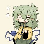  angry blush buttons diamond_(shape) diamond_button green_hair green_skirt heart highres komeiji_koishi long_sleeves medium_hair pointing scolding shirt simple_background skirt third_eye touhou yellow_shirt zunusama 