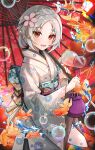  1girl absurdres antenna_hair bag bangs blue_sash blush bubble bubble_blowing bubble_wand chinese_commentary commentary_request cowboy_shot elf fish floral_print flower goldfish grey_hair hair_flower hair_ornament highres holding holding_umbrella humany japanese_clothes kimono long_sleeves looking_at_viewer mushoku_tensei oil-paper_umbrella open_mouth parted_bangs pink_flower pointy_ears print_kimono print_sash red_eyes sash short_hair signature soap_bubbles sylphiette_(mushoku_tensei) umbrella water white_kimono wide_sleeves yukata 