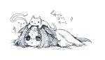  1girl ahoge animal_ears animal_on_head bangs blanket cat greyscale highres horse_ears horse_girl horse_tail lying mame_nabe_donko meisho_doto_(umamusume) monochrome motion_lines multicolored_hair on_head on_stomach open_mouth solo tail tail_wagging translation_request two-tone_hair umamusume 