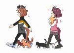  animal_ears appleq blush brown_hair casual cat hair_flaps highres horse_ears horse_girl horse_tail looking_to_the_side medium_hair pantyhose pink_hair sakura_chiyono_o_(umamusume) shoes shorts stuffed_animal stuffed_dog stuffed_toy sweat tail umamusume walking yaeno_muteki_(umamusume) 