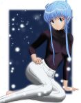  1girl absurdres bangs black_sweater blue_eyes blue_hair border breasts breasts_apart closed_mouth funcle hair_between_eyes hand_on_hip highres jigoku_sensei_nube long_sleeves medium_breasts pants shiny shiny_hair short_hair_with_long_locks sidelocks sitting skin_tight smile solo sweater turtleneck turtleneck_sweater white_border white_pants yukime_(jigoku_sensei_nube) 