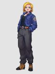  1girl android_18 black_pants black_shirt blonde_hair blue_eyes blue_jacket boots cosplay dragon_ball dragon_ball_z full_body grey_background hands_in_pockets jacket kemachiku looking_at_viewer open_clothes open_jacket open_mouth pants shirt short_hair simple_background smile solo trunks_(dragon_ball) trunks_(future)_(dragon_ball) trunks_(future)_(dragon_ball)_(cosplay) yellow_footwear 