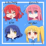  4girls :d :| ahoge asymmetrical_hair bangs blonde_hair blue_background blue_eyes blue_hair blunt_tresses blush_stickers bocchi_the_rock! character_name chibi closed_mouth cropped_shoulders dark_blue_hair excited expressionless facing_viewer furrowed_brow gotou_hitori hair_between_eyes hair_ornament high_collar highres ijichi_nijika jitome kerorira kita_ikuyo long_hair looking_at_viewer mole mole_under_eye multiple_girls neck_ribbon no_nose no_pupils notice_lines one_side_up open_mouth pink_hair portrait red_eyes redhead ribbon short_hair side_ponytail simple_background smile turtleneck v-shaped_eyebrows wing_collar yamada_ryou yellow_eyes 