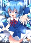  1girl blue_dress blue_eyes blue_hair bow cirno dress foreshortening hair_bow highres ice ice_wings open_mouth outstretched_arm outstretched_hand reaching_out ruu_(tksymkw) shoes solo touhou wings 