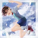 1girl bird blue_eyes blue_shorts blue_sky blue_vest bow bowtie brown_hair clouds edogawa_conan full_body glasses highres loose_socks meitantei_conan outdoors panmijin99 red_bow red_bowtie shoes short_sleeves shorts sky sneakers socks vest white_socks 