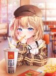 1girl absurdres bangs blonde_hair blurry blurry_background blush brown_headwear cabbie_hat cup disposable_cup eyebrows_hidden_by_hair food food_in_mouth french_fries gawr_gura hair_ornament hairclip hand_on_own_face hat highres hololive hololive_english indoors looking_at_viewer mcdonald&#039;s meul monocle_hair_ornament pov_across_table short_hair sitting solo sticker virtual_youtuber watson_amelia 
