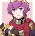  1girl bangs fire_emblem fire_emblem:_new_mystery_of_the_emblem fire_emblem_awakening gloves head_wreath highres katarina_(fire_emblem) looking_at_viewer official_alternate_costume open_mouth purple_hair red_scarf scarf short_hair smile solo upper_body violet_eyes 
