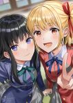  2girls :d arm_support artist_name bangs black_hair blonde_hair blue_ribbon blurry blurry_background blush dress green_ribbon grey_dress hair_ribbon hand_up highres holding_hands inoue_takina long_hair lower_teeth lycoris_recoil lycoris_uniform multiple_girls neck_ribbon nishikigi_chisato niwata0 red_eyes red_ribbon ribbon short_hair smile teeth tongue two-tone_dress v violet_eyes watermark 