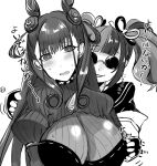  2girls blush breasts character_request fate/grand_order fate_(series) fingerless_gloves glasses gloves greyscale hair_ornament head_tilt highres huge_breasts kankitsu_kei long_hair monochrome multiple_girls murasaki_shikibu_(fate) puffy_sleeves solo sweat translation_request twintails 