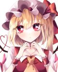  1girl ?_(spsp2323) absurdres ascot blonde_hair bow collared_shirt crystal flandre_scarlet frills hair_between_eyes hat hat_bow hat_ribbon head_tilt heart heart-shaped_pupils heart_hands highres long_hair looking_at_viewer mob_cap puffy_short_sleeves puffy_sleeves red_eyes red_ribbon red_vest ribbon shirt short_sleeves side_ponytail simple_background solo symbol-shaped_pupils touhou upper_body vest white_background white_headwear white_shirt wings wrist_cuffs yellow_ascot 