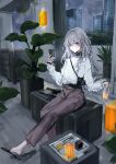  1girl absurdres bag belt blush cellphone cup drinking_glass earrings grey_hair handbag highres jewelry long_hair looking_at_viewer maria_(syake-uni) original phone plant potted_plant sitting sleeves_past_wrists slippers smartphone solo violet_eyes 