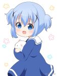  1girl :d aged_down angora_rabbit animal animal_hug bangs blue_dress blue_eyes blue_hair blush commentary_request dress floral_background gochuumon_wa_usagi_desu_ka? hair_between_eyes hair_ornament highres kafuu_chino long_sleeves looking_at_viewer looking_to_the_side mitya rabbit sailor_collar sailor_dress short_twintails simple_background smile tippy_(gochiusa) twintails twitter_username white_background white_sailor_collar x_hair_ornament 