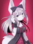  1girl absurdres animal_ears animal_nose black_dress body_fur breasts brown_eyes dosta dress expressionless furry furry_female grey_fur grey_hair head_tilt heart highres lolita_fashion long_hair looking_at_viewer original red_background small_breasts solo tail twitter_username wolf_ears wolf_girl wolf_tail wrist_cuffs 