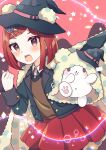  1girl :d absurdres animal_ears bangs black_headwear blush brown_eyes brown_vest cape collared_shirt commentary_request confetti copyright_request danganronpa_(series) danganronpa_v3:_killing_harmony fake_animal_ears fur-trimmed_cape fur_trim glowing grey_shirt hair_ornament hairclip hana_no_yo hand_up hat highres jacket leaning_forward long_sleeves miniskirt open_clothes open_jacket pleated_skirt red_background red_eyes red_skirt shirt skirt smile vest white_shirt witch_hat x_navel yumeno_himiko 