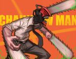  1boy black_necktie black_pants blood blood_on_weapon chainsaw chainsaw_man collared_shirt copyright_name denji_(chainsaw_man) facing_to_the_side highres hybrid kelvin_hiu necktie open_mouth orange_background pants sharp_teeth shirt simple_background solo stylized_blood teeth weapon white_shirt 