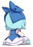  1girl absurdres blue_bow blue_dress blue_footwear blue_hair bow cirno dress frilled_sleeves frills fumo_(doll) hair_bow highres kame_(kamepan44231) shirt shoes short_hair short_sleeves simple_background solo touhou white_background white_shirt 