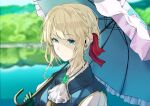  1girl ascot bangs blonde_hair blue_eyes braid commentary_request diffraction_spikes english_commentary gloves glowing green_gloves hair_intakes hair_ribbon highres holding holding_umbrella lace_trim lake medium_hair mixed-language_commentary outdoors parasol red_ribbon reflection ribbon solo umbrella upper_body violet_evergarden violet_evergarden_(series) white_ascot yunekoko 