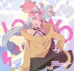 1girl aqua_hair character_hair_ornament character_name cowboy_shot goku-chan hair_ornament hand_on_hip highres iono_(pokemon) jacket lightning_bolt_symbol long_hair long_sleeves multicolored_hair open_mouth oversized_clothes pink_eyes pink_hair pokemon pokemon_(game) pokemon_sv sharp_teeth solo sparkle star_(symbol) teeth twintails twitter_username two-tone_hair yellow_jacket 