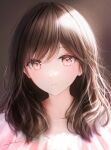  1girl bangs blurry blurry_background blush brown_background brown_hair hair_between_eyes highres light light_particles looking_at_viewer medium_hair ojay_tkym original parted_lips pink_eyes pink_shirt portrait revision shirt sidelocks signature solo 