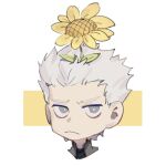  1boy character_request check_character closed_mouth devil_may_cry_(series) flower flower_on_head highres looking_at_viewer male_focus simple_background solo vergil_(devil_may_cry) virgil_(masterwork_apocalypse) warth_satan white_eyes white_hair 