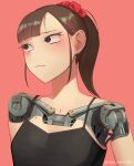  1girl android bangs black_tank_top brown_eyes brown_hair hair_ornament hair_scrunchie hairclip highres joints maker mecha-jk mechanical_parts medium_hair original pink_background ponytail portrait robot_joints scrunchie shirt simple_background solo tank_top upper_body 