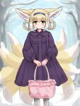  1girl absurdres animal_ear_fluff animal_ears arknights bag bangs bare_tree blonde_hair blue_hairband blush braid closed_mouth coat commentary day english_commentary feet_out_of_frame fox_ears fox_girl fox_tail green_eyes grey_pantyhose hair_between_eyes hair_rings hairband highres holding holding_bag kyuubi long_sleeves looking_at_viewer multicolored_hair multiple_tails outdoors pantyhose puffy_long_sleeves puffy_sleeves purple_coat rylaera smile snow solo suzuran_(arknights) tail tree twin_braids two-tone_hair white_hair 