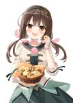  1girl bangs basket black_hairband blush brown_eyes brown_hair choker cookie dress facing_viewer food fuumi_(radial_engine) hairband holding long_hair long_sleeves looking_at_viewer lorea_(shinmai_renkinjutsushi) open_mouth pink_choker shinmai_renkinjutsushi_no_tenpo_keiei smile solo teeth twintails upper_teeth white_background 