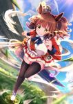 absurdres animal_ears aston_machan_(umamusume) breasts brown_hair clouds commentary_request crown green_eyes hero_(10cl3) highres horse_ears horse_girl horse_tail large_breasts leg_up looking_at_viewer racetrack running sky smile tail thigh-highs umamusume 