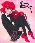  1990s_(style) 1girl bangs breasts curled_up hair_ribbon hands_under_legs highres joshuathefruit leggings long_hair looking_at_viewer mask open_mouth own_hands_together persona persona_5 ponytail red_eyes red_footwear red_ribbon redhead retro_artstyle ribbon school_uniform shuuchiin_academy_school_uniform small_breasts smile solo watermark yoshizawa_kasumi 