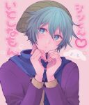  1boy aqua_eyes aqua_hair bangs beanie blue_scarf blush dot_mouth green_headwear hair_between_eyes hands_up hat head_tilt heart heart-shaped_pupils heart_hands hiyori_sou jacket kimi_ga_shine layered_sleeves long_sleeves looking_up male_focus pink_background portrait purple_jacket scarf shirt short_hair simple_background solo symbol-shaped_pupils uououoon yellow_shirt 