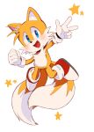  1boy :d blue_eyes blush clenched_hand floating fox_boy full_body furry furry_male gloves highres looking_at_viewer male_focus misuta710 multiple_tails open_mouth protected_link smile solo sonic_(series) star_(symbol) tail tails_(sonic) two_tails w white_gloves 