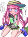  1girl baseball_cap black_shirt blue_eyes blush clownfish commentary_request drooling fish gradient_hair green_hair green_skirt harmony&#039;s_clownfish_(splatoon) harmony_(splatoon) hat highres long_hair low-tied_long_hair miniskirt multicolored_hair open_mouth pink_hair shirt short_sleeves skirt solo speech_bubble splatoon_(series) splatoon_3 striped striped_headwear t-shirt tama_nya tentacle_hair thighs translation_request twintails two-tone_hair 