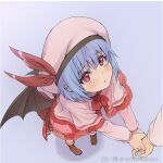  1boy 1girl :/ adapted_costume bat_wings blue_hair blush closed_mouth foreshortening from_above hat holding_hands pigeon-toed pov remilia_scarlet shiroi_karasu short_hair solo_focus touhou wings 