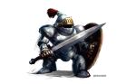  armor dragon_quest full_body holding holding_shield holding_sword holding_weapon k-suwabe knight no_humans restless_armour shield simple_background sword twitter_username weapon white_background 