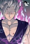  1boy abs aura battle_damage closed_mouth dragon_ball dragon_ball_super dragon_ball_super_super_hero electricity glasses gohan_beast grey_hair highres looking_at_viewer male_focus multiple_views muscular muscular_male naraku_(zg8w5) red_eyes solo son_gohan spiky_hair upper_body 