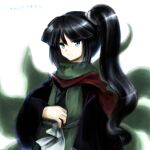  1other adagumo_no_yaorochi androgynous anmita_(rarutos) black_hair closed_mouth commentary_request green_eyes green_scarf len&#039;en long_hair multiple_tails scarf side_ponytail simple_background snake_tail solo tail translation_request upper_body white_background 