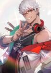  1boy arurandeisu black_shirt bracelet collarbone glasses green_eyes grey_hair headphones highres holostars jacket jewelry lack long_sleeves looking_at_viewer male_focus necklace off_shoulder one_eye_closed open_clothes open_jacket parted_lips red-framed_eyewear shirt sleeveless sleeveless_shirt smile solo sparkle teeth v virtual_youtuber white_jacket zipper zipper_pull_tab 
